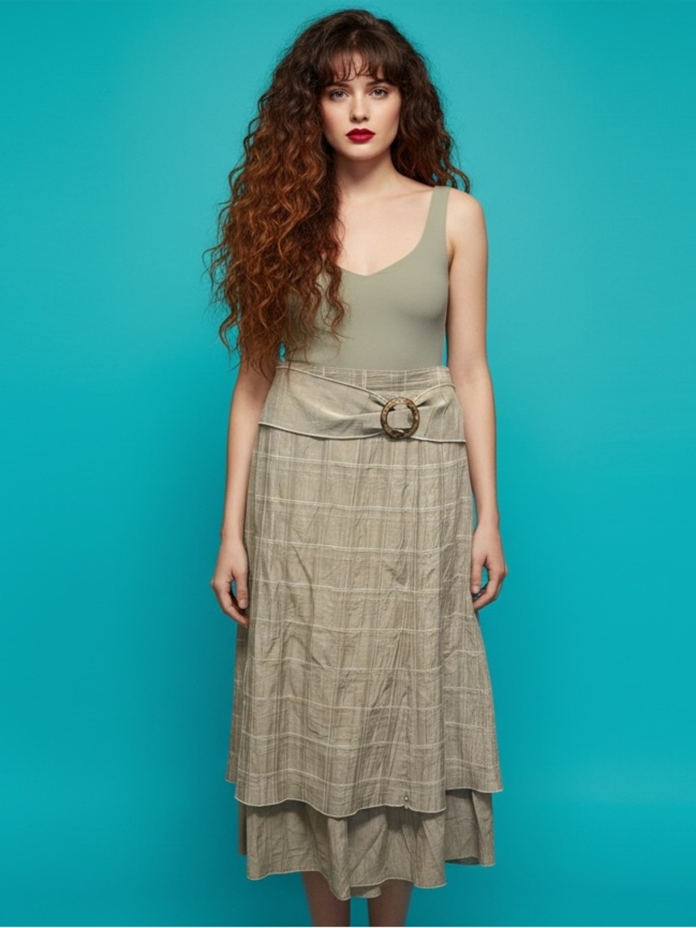 Lasania Plaid Layered Midi Skirt Neutral Brown Size 14P